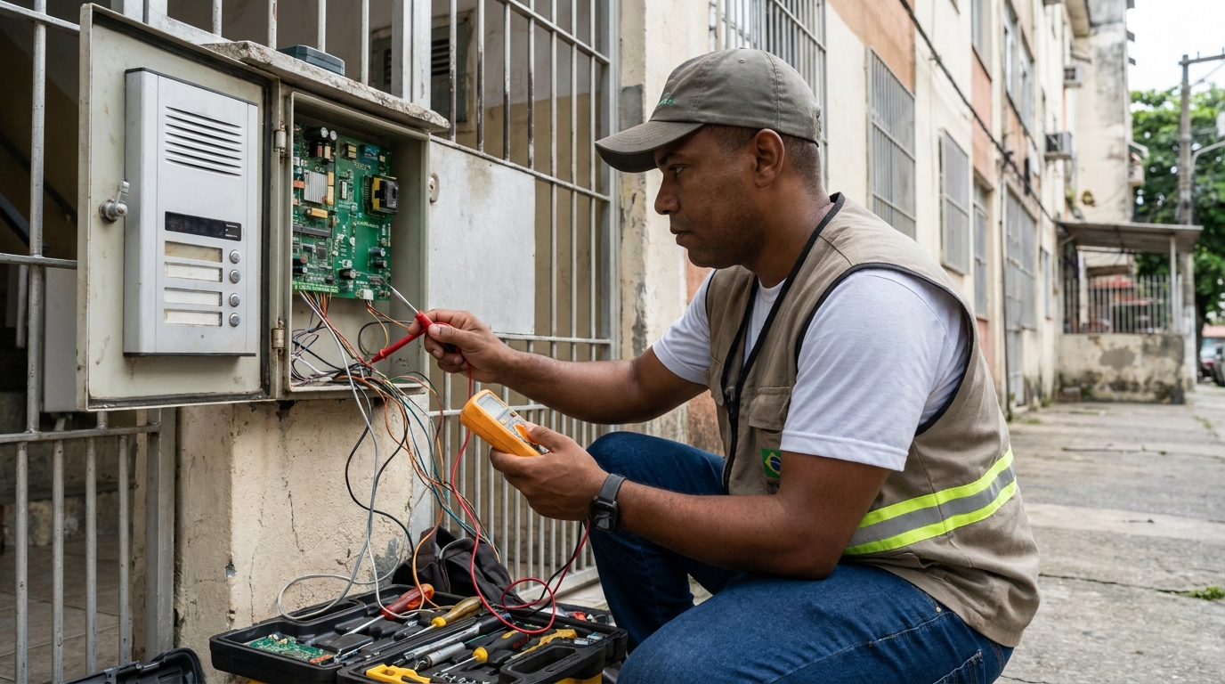Eletricista consertando interfone em Limeira‑SP