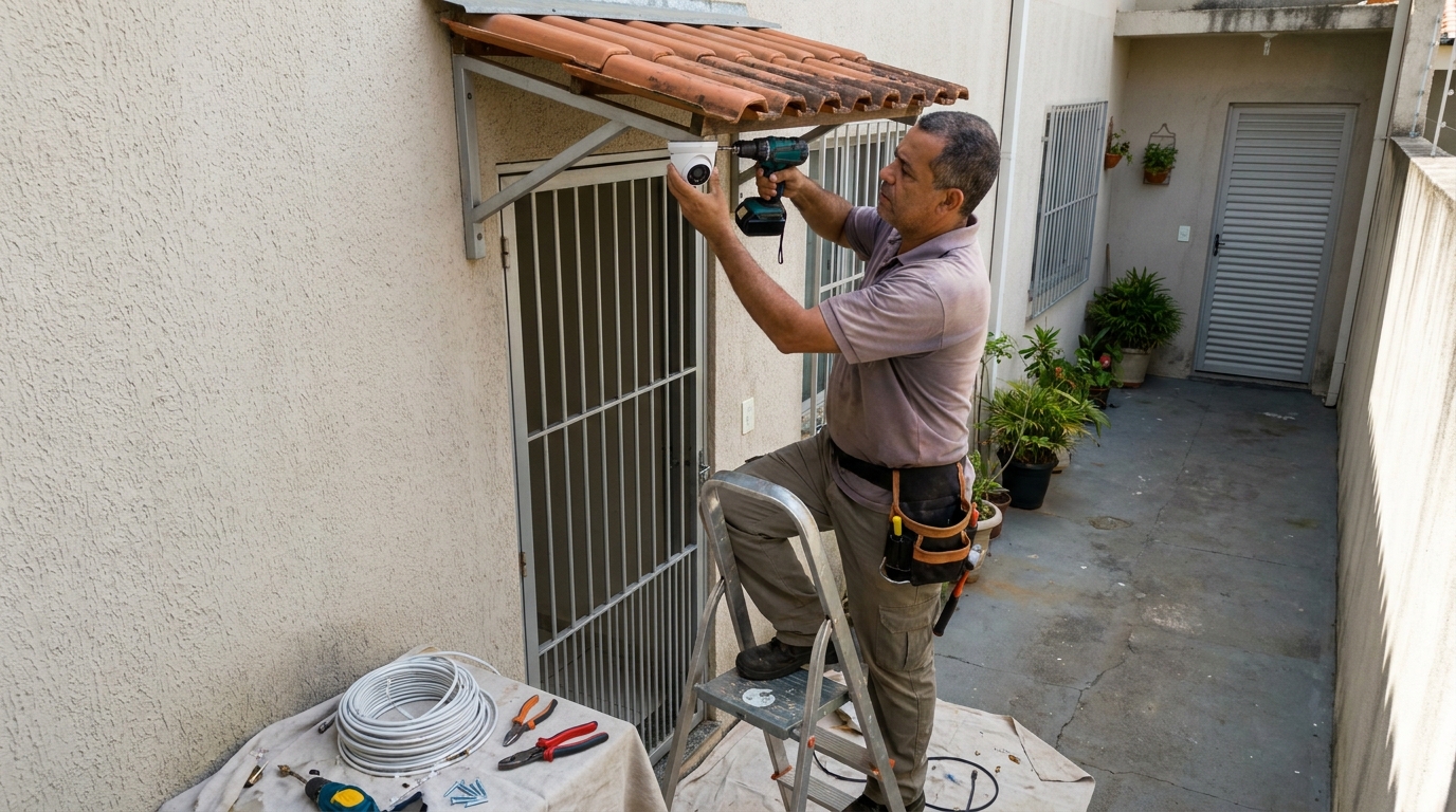 Eletricista instalando cameras de seguranca em Limeira‑SP