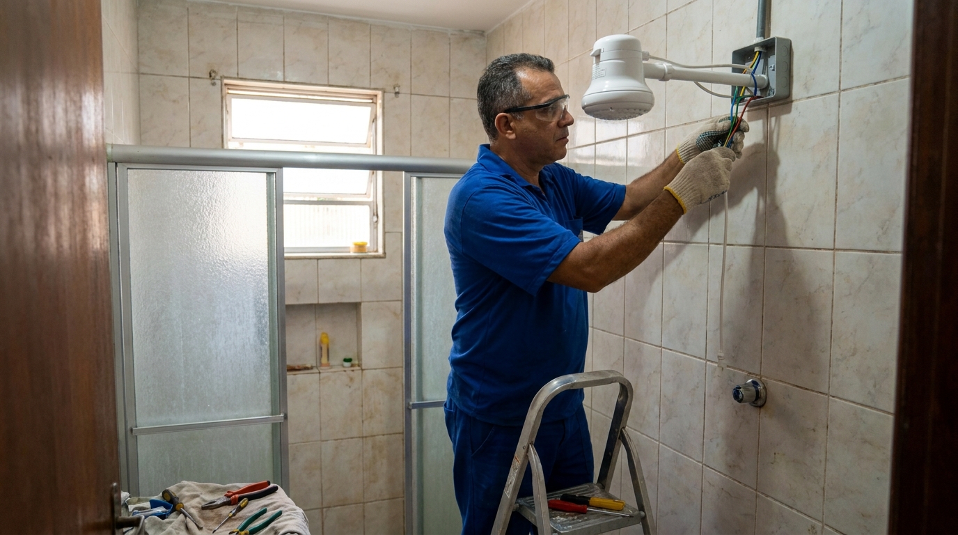Eletricista instalando chuveiro eletrico em Limeira‑SP