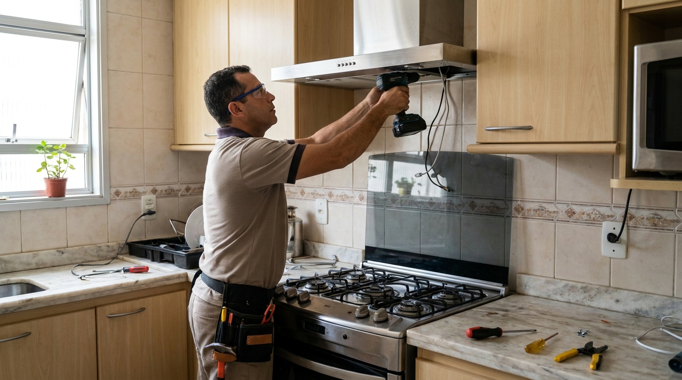 Eletricista instalando coifa em Limeira‑SP