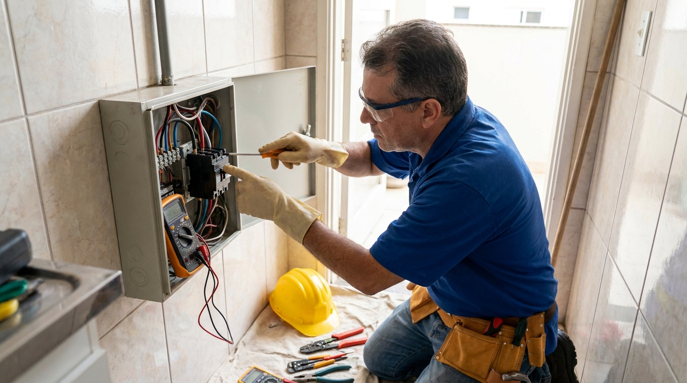 Eletricista instalando disjuntor em Limeira‑SP