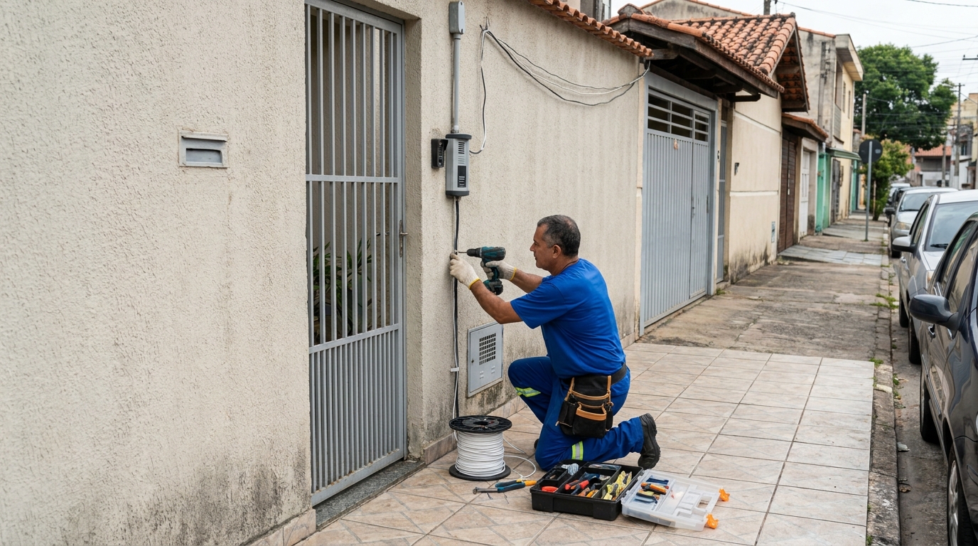 Eletricista instalando interfone em Limeira‑SP